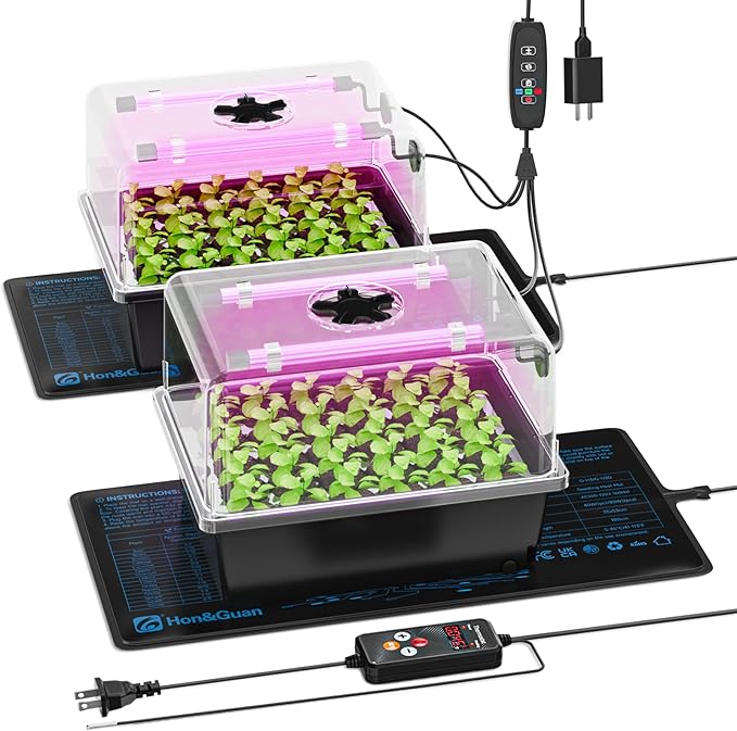 Hon&Guan 2 Pack Seed Starting Kit - 30 Cell Seed Starter Tray with Higher 5.3” Humidity Dome, LED Growing Lights and 10"x20.75" Seedling Heat Mat, Adjustable Vents - Germination & Plant Propagation