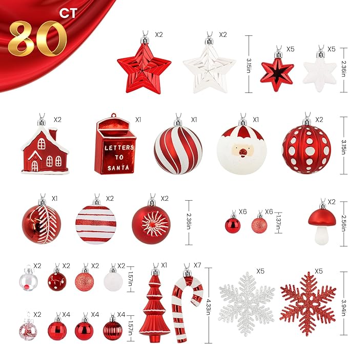 SHareconn 80ct Christmas Balls Ornaments Set, Shatterproof Plastic Colorful Xmas Decorative, Baubles for Tree Decorations with Hanging Strings, Red & White