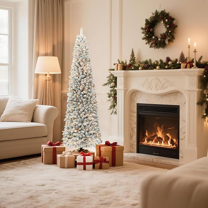 Pencil Prelit Christmas Tree 6ft - Skinny Flocked Artificial Christmas Tree with 210 Warm White Lights, 648 Snowy PVC Branch Tips, Slim Holiday Tree Decoration for Xmas - White