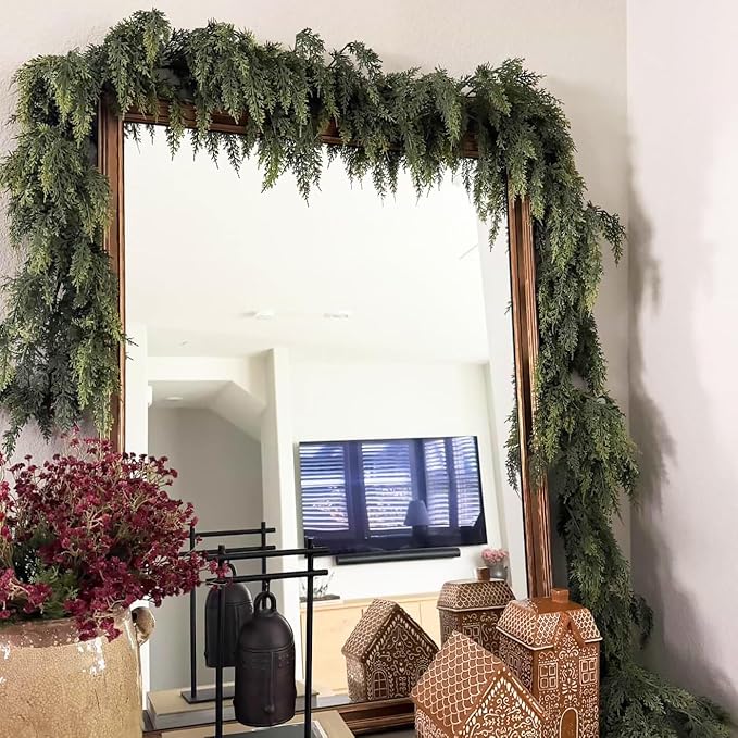 2Pcs 6FT Christmas Cedar Garland Artificial Real Touch Thickness Realistic Greenery Pine Garland for Mantle Fireplace Outdoor Indoor Christmas Decorations