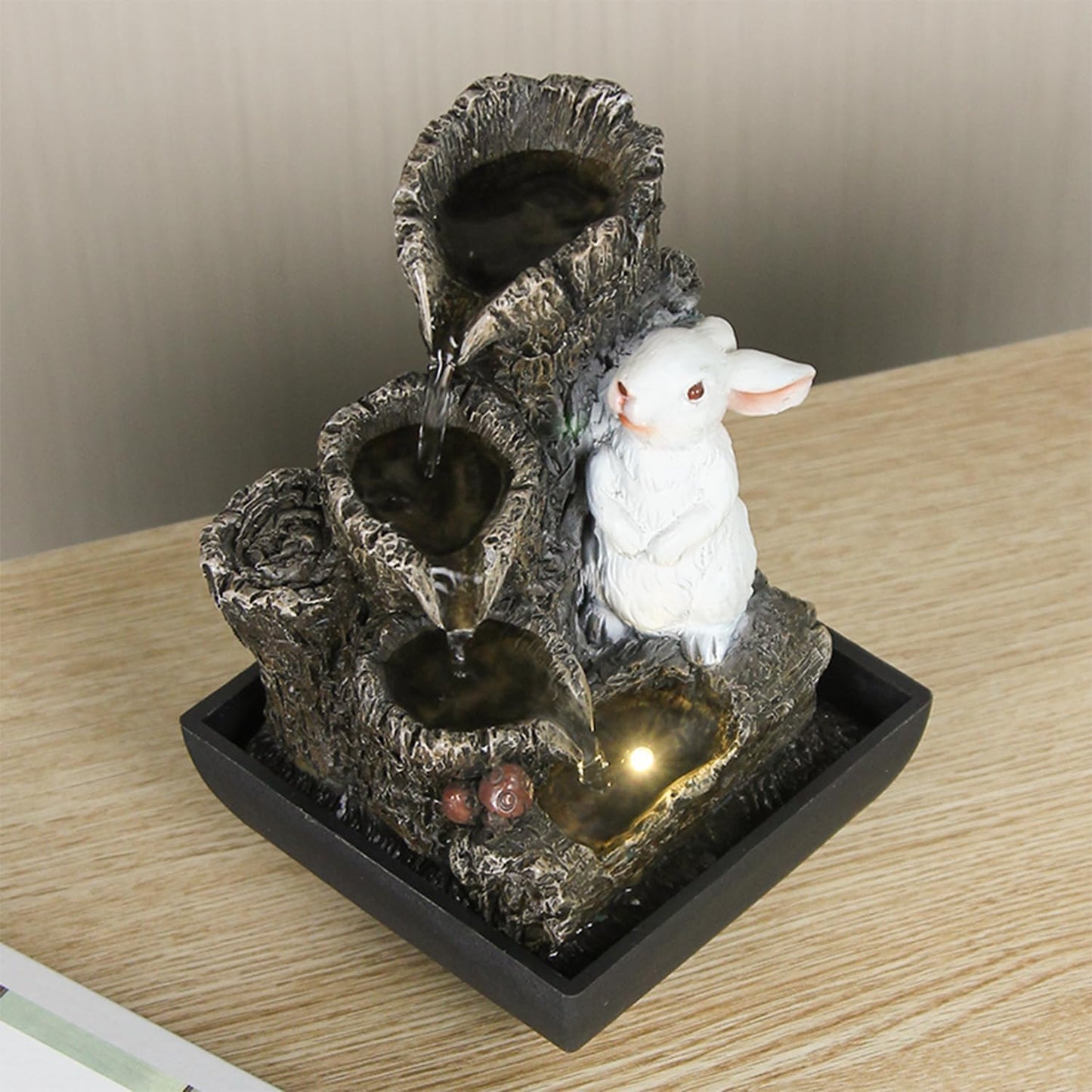Small Cascading Rock Tabletop Fountain, Cute Little White Rabbit Indoor Waterfall Fountain with Colored LED Lights and Rolling Ball, 3 Tiered Desktop Fountain for Office Home Bedroom