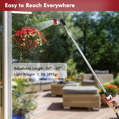 RESTMO Metal Watering Wand, 36”-60” Long Telescopic Tube | 180° Adjustable Ratcheting Head | 7 Spray Patterns | Flow Control, Perfect Garden Hose Sprayer to Water Hanging Baskets, Shrubs, Red