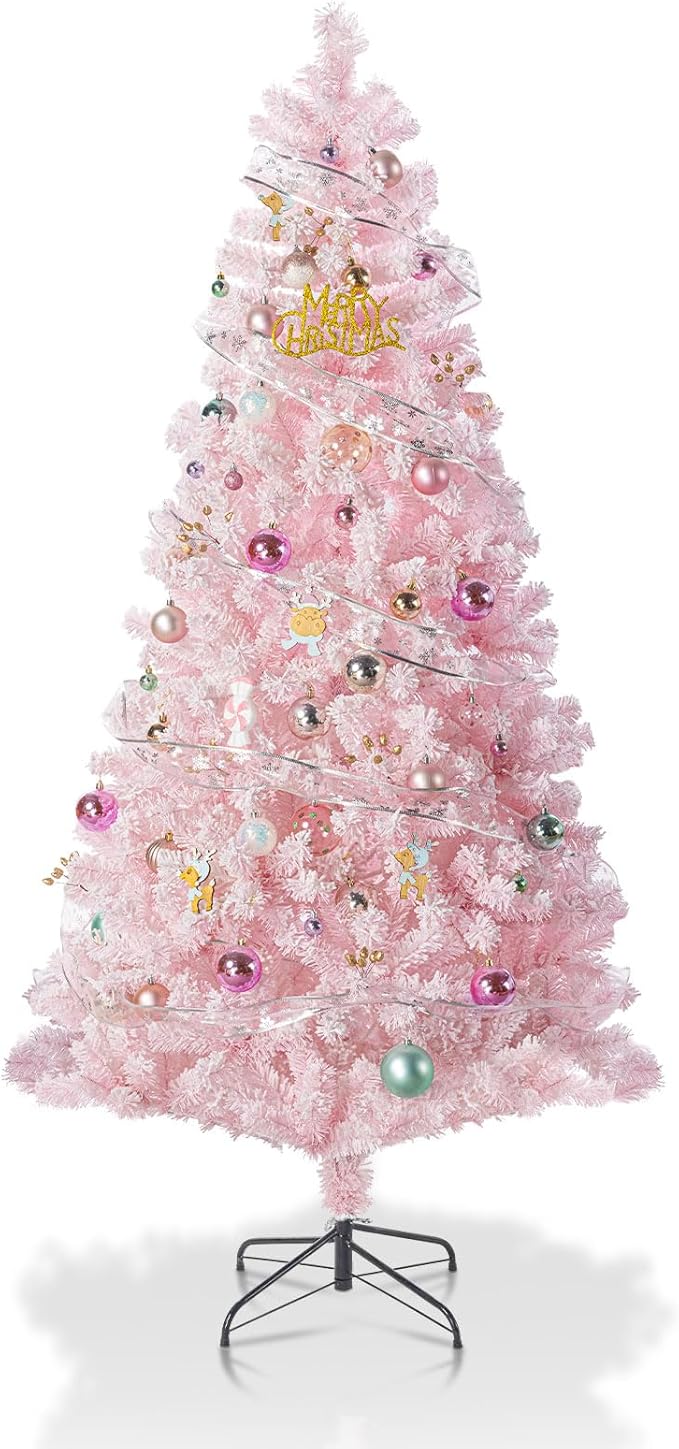 6FT Pink Artificial Christmas Tree with 1000 Realistic Branch, Flocked Full Xmas Tree with Foldable Stand, Easy Assembly Hinged Pine Tree for Home, Shop, Office, Party Holiday Decoration