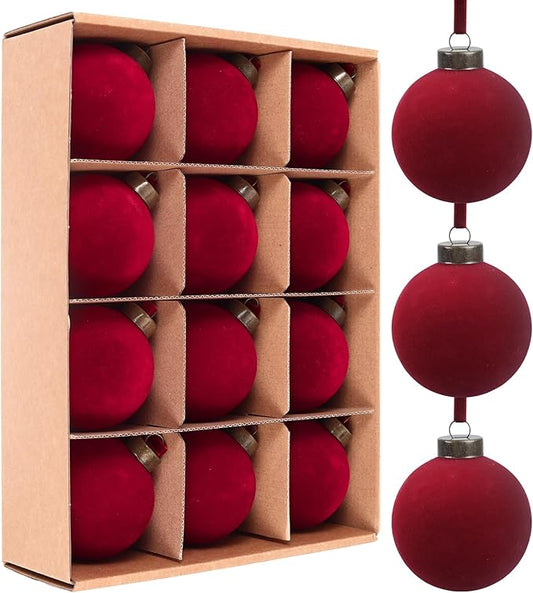 12 Pcs Velvet Christmas Balls Bulk Shatterproof Plastic Christmas Tree Decorations for Decorative Hanging Baubles (12, Wine red, 3.15Inch)