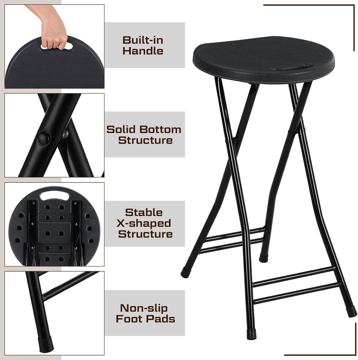 Suzile 2 Pcs 24 Inch Tall Folding Chair Portable Plastic Stool Chair Heavy Duty Foldable Bar Stools with Handle for Adults Kitchen Counter Room Home Camping Indoor Outdoor, 300lbs Capacity (Black)