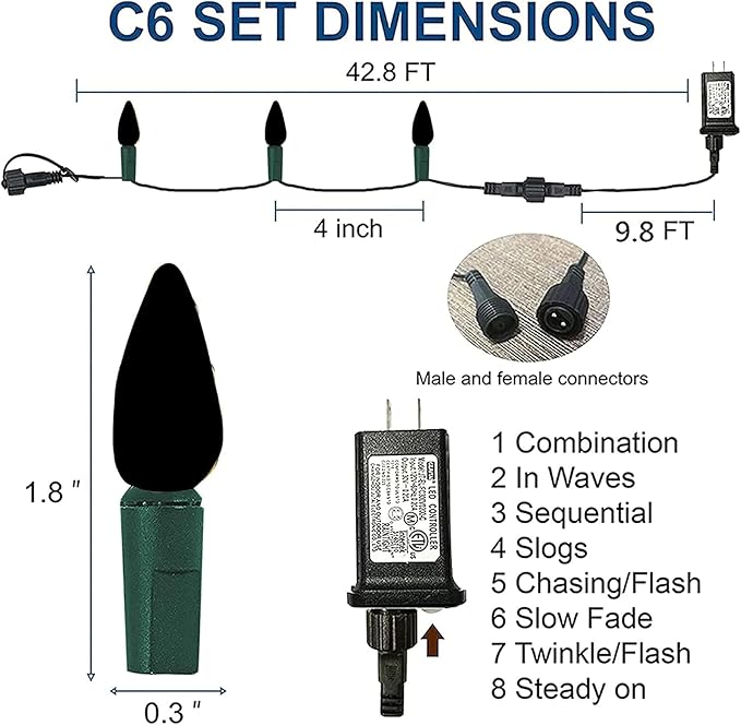 Dazzle Bright C6 Christmas String Lights, 100 LED 33 FT Outdoor Christmas Lights Waterproof Connectable, 8 Modes Lights for Indoor Outdoor Home Garden Yard Xmas Tree Decorations (White)