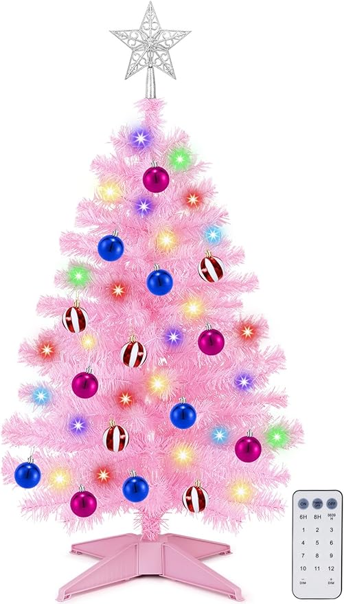 [ Remote Control & 12 Modes ] 3 Ft Christmas Tree with Timer 50 Warm White & Multi Color Lights, 15 DIY Ornaments 3D Star Topper - Artificial Small Pink Christmas Tree for Home Indoor Tables - Pink