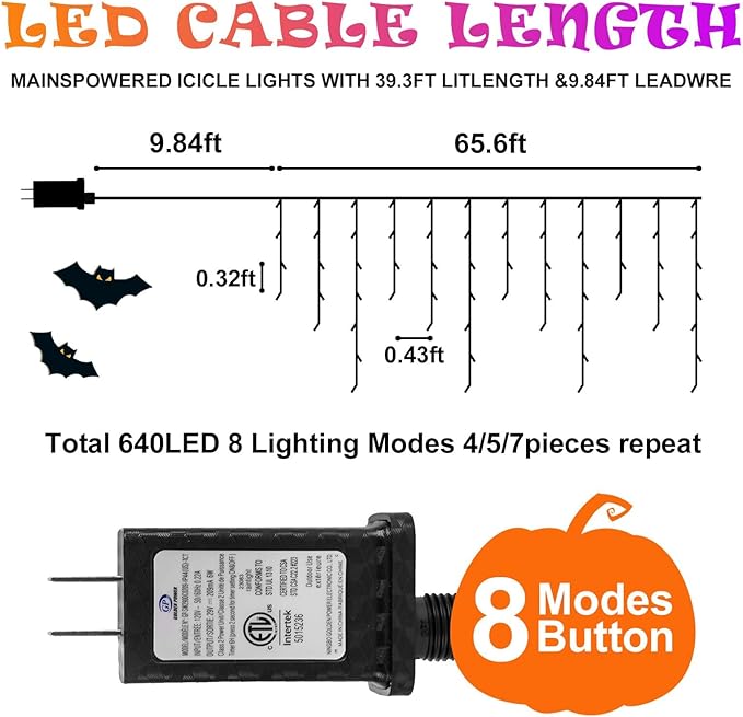 Heceltt Halloween Lights Outdoor Decorations, 640 LED 66FT Orange and Purple Light, 8 Modes Plug in 120 Drops Ice String Lights with Timer Memory Function Hanging Light for Halloween Party Decor