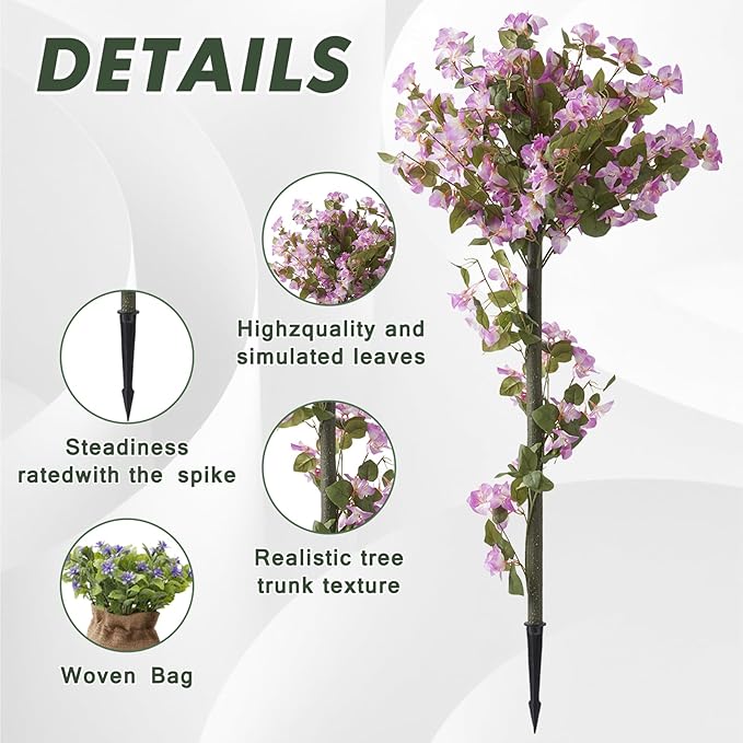4FT Artificial Bougainvillea Tree, Set of 2 Flower Plants Artificial Tree, Faux Floral Plant Blooming Bush with Spike, 48" Large Fake Tree for Indoor Outdoor Porch Decor