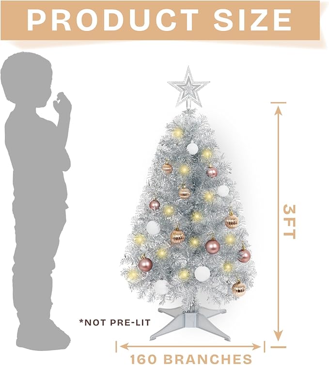 Sunshine Silver Christmas Tree with Light 3ft Artifical Full Christmas Tree with Ball & Star Ornaments 8 Lighting Modes for Holiday Decor
