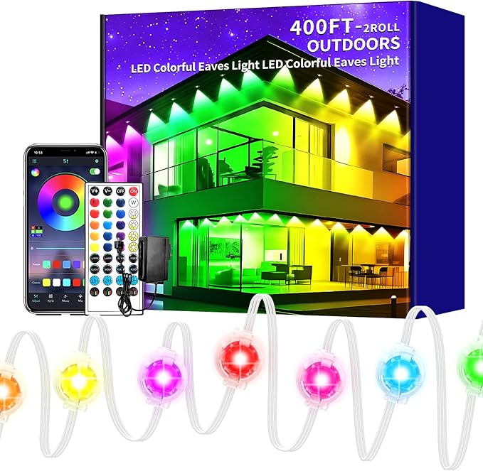 400ft Permanent Outdoor Lights,RGB Eaves Lights,DIY Scene Modes IP67 Waterproof Outside Under Eave Lighting,Smart Christmas Light for Outdoor Decor,Garden Decor,House,Party(Two 200ft Rolls)