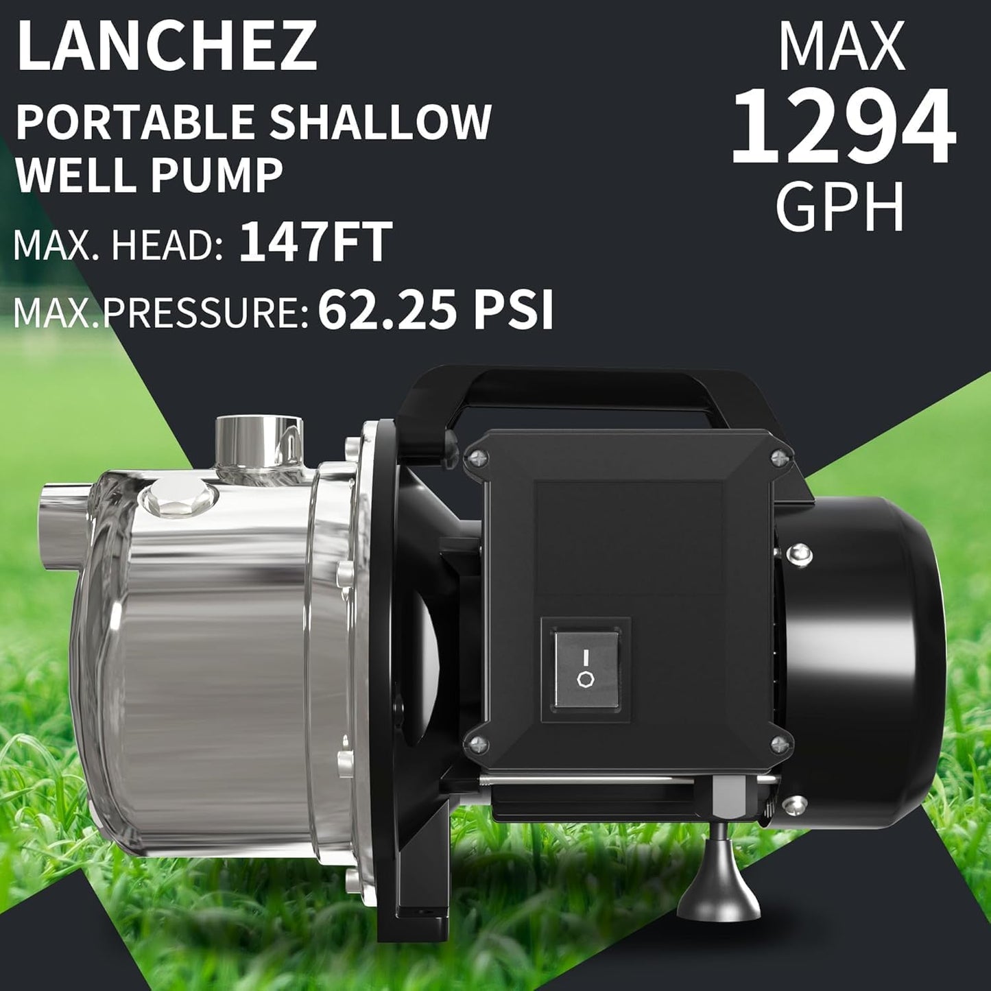 LANCHEZ 1 HP Portable Shallow Well Garden Pump, 1294 GPH Stainless Steel Sprinkler Pump, 115V Water Transfer Draining Irrigation for Lawn