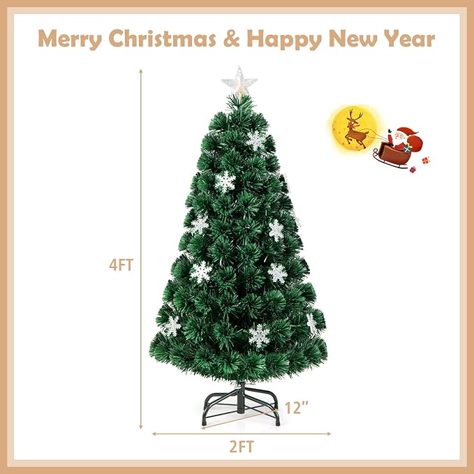 Goplus 4ft Pre-Lit Fiber Optic Christmas Tree, Artificial Xmas Full Tree with Colorful Snowflake LED Lights, 125 Branch Tips, Foldable Metal Base, for Office Home Holiday Decor