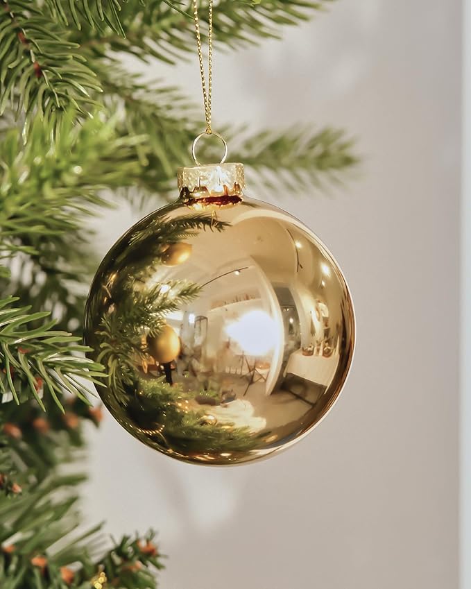 DN DECONATION Gold Glass Christmas Ornaments, Set of 9, 3.15' Hanging Christmas Baubles for Xmas Tree Decoration, Wedding Party Gift