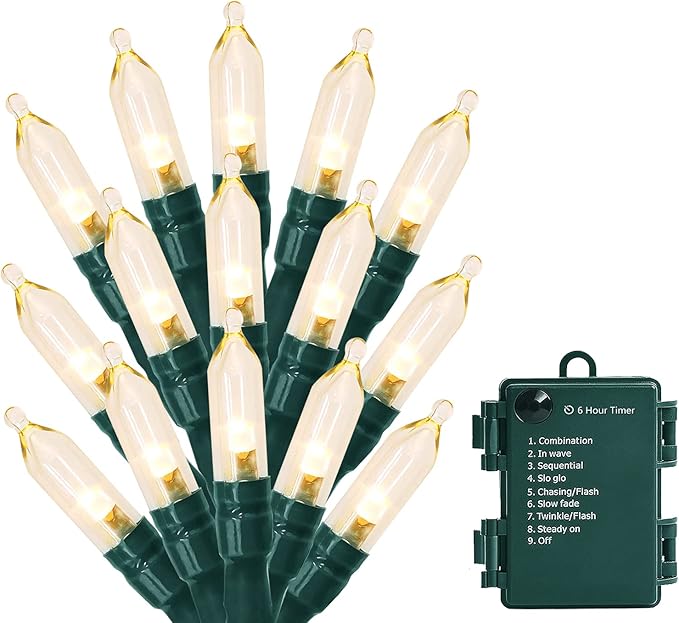 Christmas Light, 33ft 100 LED Battery Operated String Lights with Auto Timer & 8 Modes, Green Wire Outdoor Waterproof String Lights for Outdoor and Indoor Christmas Decor – Warm White