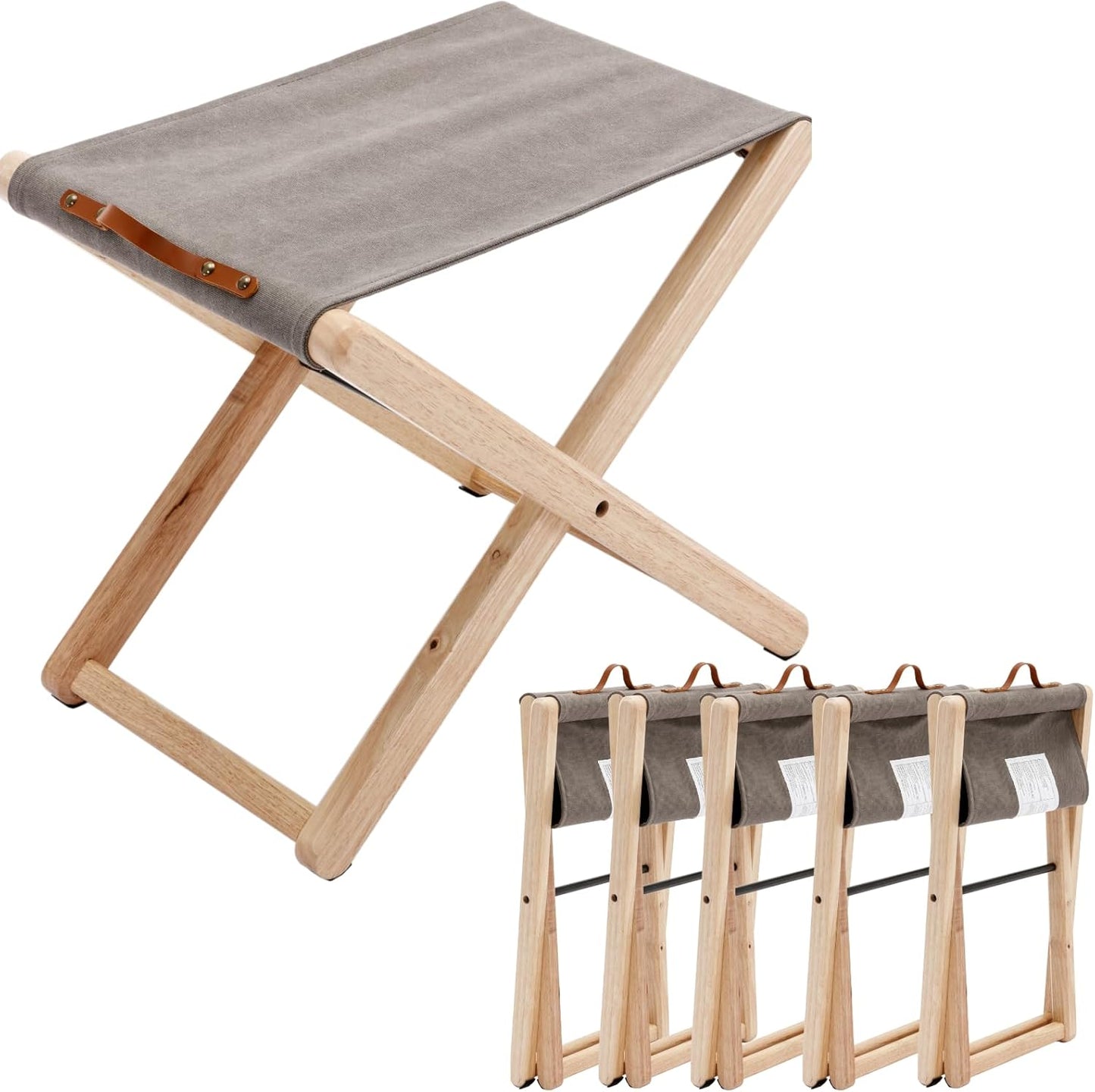 Folding Canvas Camp Stools Set of 6, Wood Folding Camping Stool Patio Portable Foot Stool for Garden Outdoor Fishing Picnic Travel BBQ, Grey