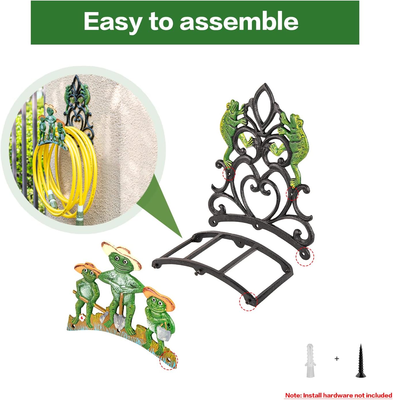 Sungmor Garden Hose Holder Wall Mounted, Large Capacity & Heavy Duty Cast Iron Water Hose Holder for Outside, Pretty & Lovely Hard-working Frogs Hose Reel, Watering Hose Metal Stand Sturdy Pipe Hanger