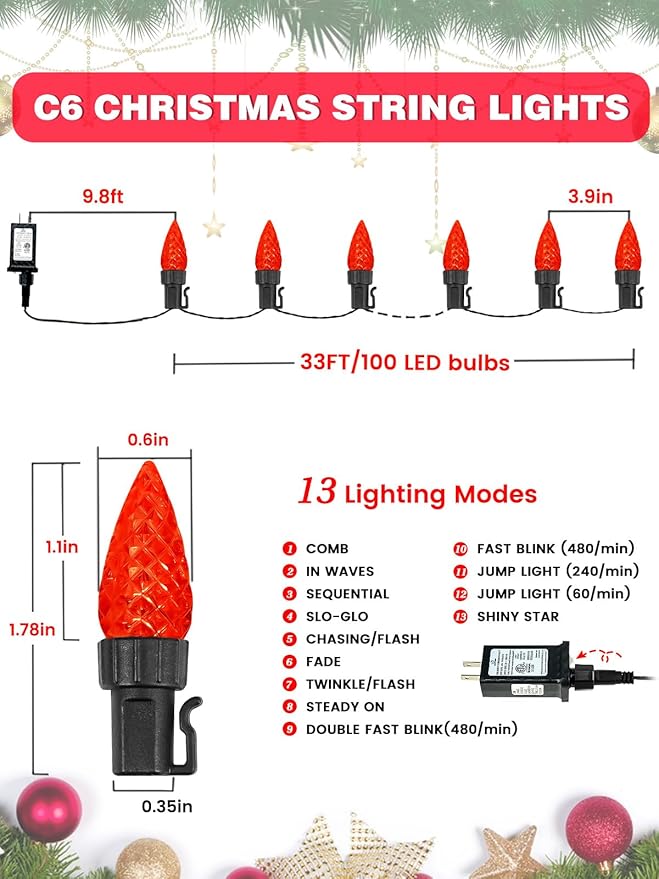 2 Pack C6 Christmas Lights Outdoor Indoor, Total 200 LED 66 FT Connectable Christmas String Lights with Timer & 13 Modes, Waterproof Twinkle Light for Xmas Tree Yards Party Wedding Decorations (Red)