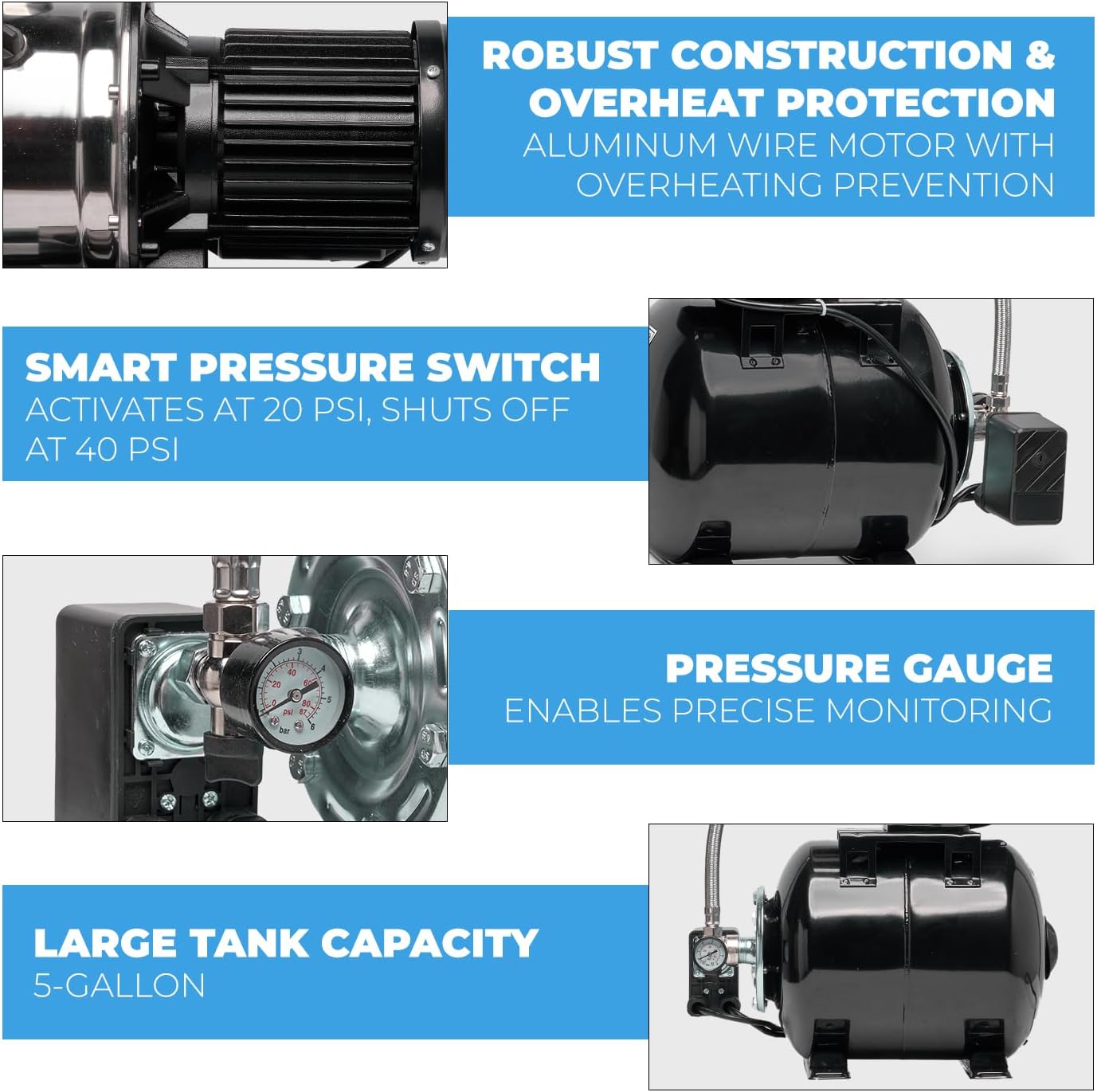 XtremepowerUS 1.6HP Shallow Well Pump with Pressure Tank, 1320GPH, 115V, Pressure Switch, Automatic Water Booster Jet Pump for Home, Garden, Lawn