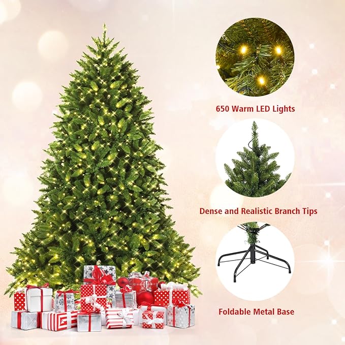 Goplus 6ft Pre-Lit Christmas Tree, Premium Hinged Artificial Fir Tree with 650 LED Lights, 1250 Branch Tips and Metal Stand, Easy Assemble, Xmas Decor for Home Office