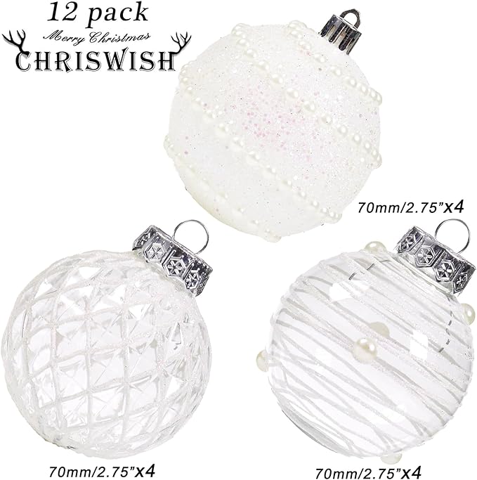 12CT Christmas Ball Ornaments White Shatterproof Clear Large Plastic Christmas Tree Decoration, Delicate Hanging Ornaments for Xmas Party, Wedding, Holiday and Home Décor(70mm/2.76")