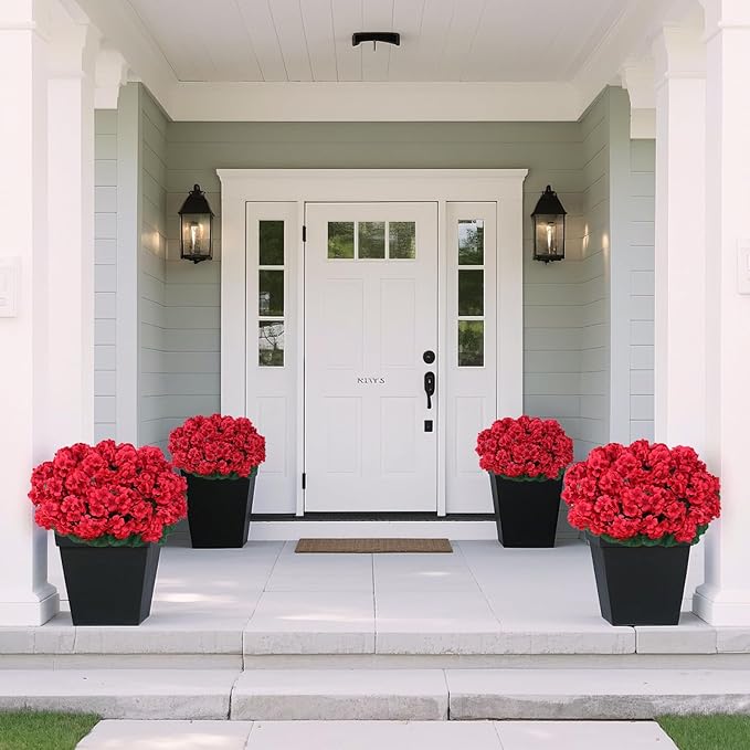 8 Bundles18" Artificial Geranium Flowers for Outdoor Spring Summer Decoration,Fake Silk Geranium Faux Plants UV Resistant for Front Door Planter Outside Home Garden Balcony Yard Porch Decor (Red)