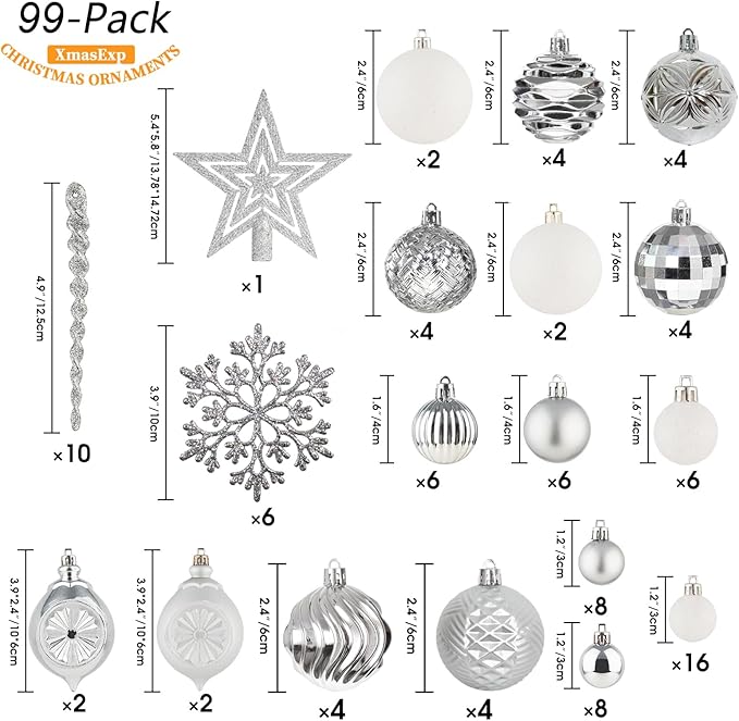 XmasExp 99-Pack Christmas Ball Ornaments Assorted Shatterproof Christmas Tree Decorations with Hand-held Gift Package for Xmas Tree,Home,Party(Silver-White)
