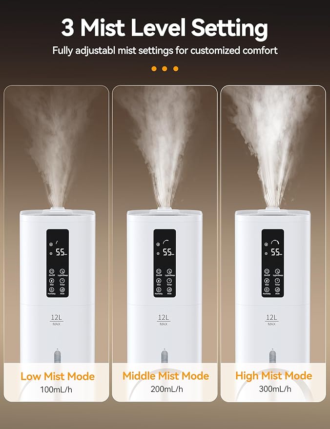 VAGKRI 12L Humidifiers for Large Room, Last 120 Hours, Cover up to 1000ft², Top Fill Ultrasonic Cool Mist Humidifier, 3 Mist Level, 24H Timer, Essential Oil Diffuser Humidifiers For Bedroom, Home