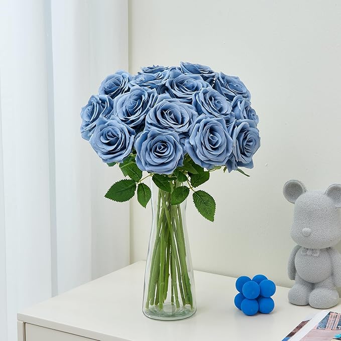 15pcs Dusty Blue Roses Artificial Flowers Silk Fake Flowers Realistic Dusty Blue Roses Bouquet Long Stem for Wedding Home Party Birthday Decoration