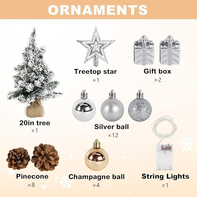 24 Inch Snowy Mini Christmas Tree, Small Tabletop Flocked Tree with LED Lights, Pine Cones, Balls, Star Tree Topper, Gift Box and Cloth Bag Base, Xmas Decorations (Christmas Tree)