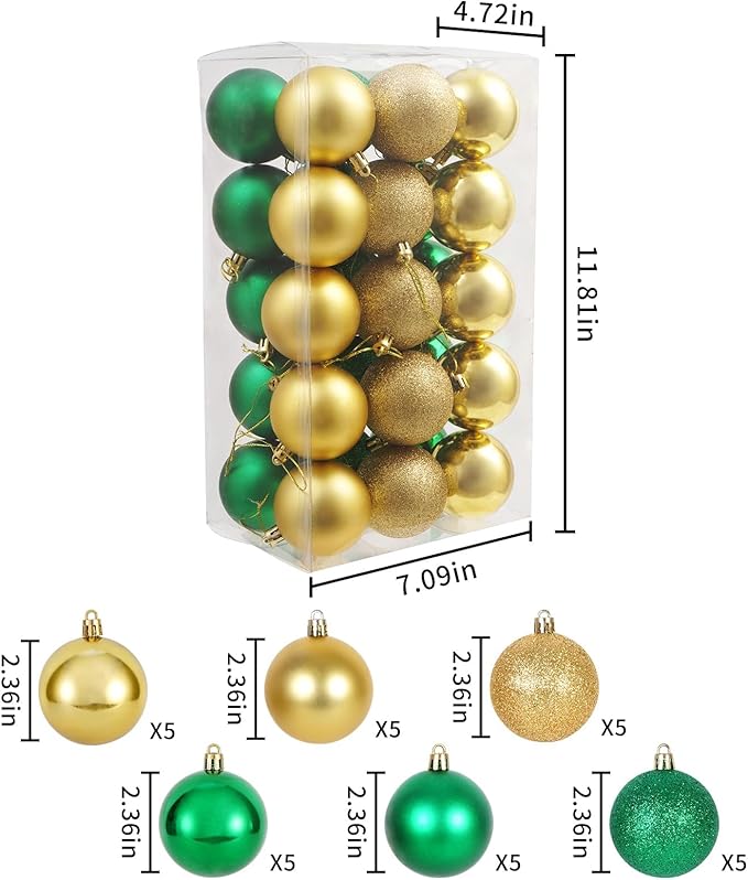 30ct Christmas Ball Ornaments, Shatterproof Christmas Tree Decorations, Perfect Hanging Ball for Indoor/Outdoor Holiday Party Decor (Green, Gold, 2.36'')