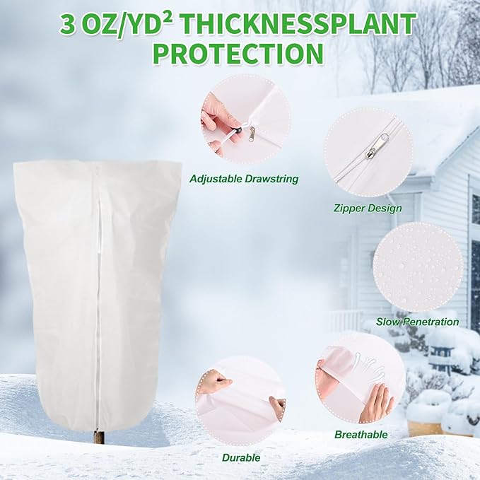 2 Pack 43"x32" Winter Plant Cover Freeze Protection, 3 oz/yd² Warm Shrub Covers with Zipper Drawstring, Frost Cloth Blankets for Fruit Tree Potted Plants Garden Cold Weather Protector