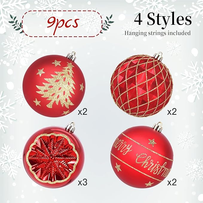 SHareconn 100MM/4 Inch 9PCS Large Christmas Balls Ornaments, Shatterproof Plastic Hanging Big Baubles Set for Xmas Tree Decoration Holiday Party Wedding Decorations with Hook,Red and Gold
