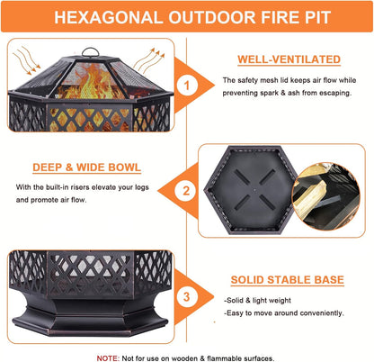 33 Inch Outdoor Fire Pit, Hexagon Shaped Wood Burning Firepit for Outside Bonfire, Patio, Backyard and Camping (Antique Bronze)