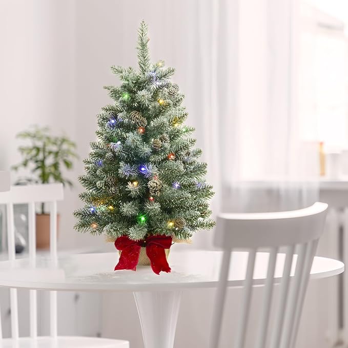 2 ft Mini Christmas Trees with Red Bow Base, 25 F5 LED Lights, 24" Decorated Burlap Artificial Tabletop Christmas Trees with Flocked Pine Cone