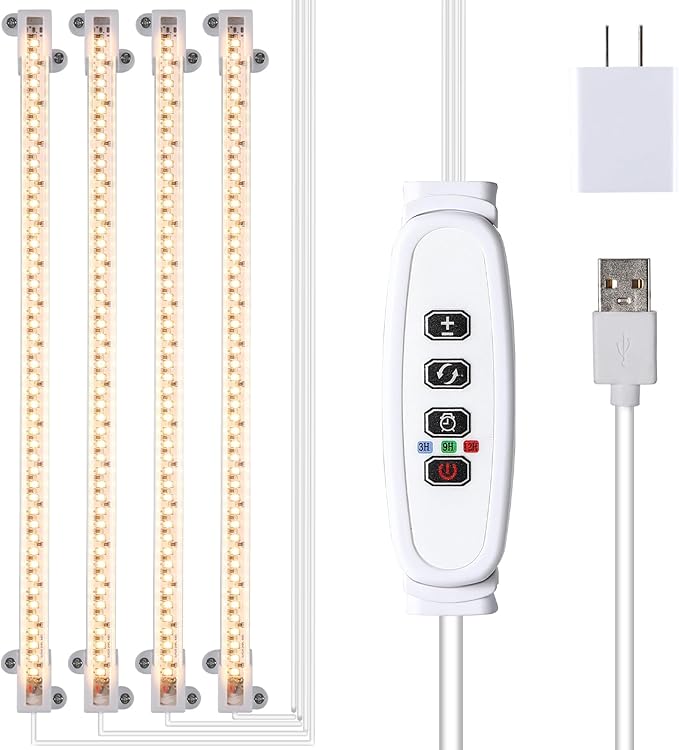 LED Plant Growing lamp, 3500K Full Spectrum Grow Light Strips for Indoor Plants with 3/9/12H Timer & 10 Dimmable Levels, Led Growth Light for Green House Hydroponics Succulent 13In 4Head