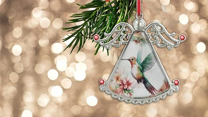 XUTAI Lovely Hummingbird and Pink Flowers Angel Christmas Tree Ornaments Pink Flower Christmas Ornament Glass Christmas Hanging Angel Glass Pendant for Holiday Decoration