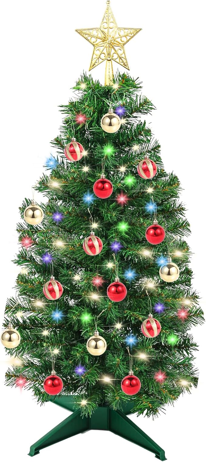 3Ft Christmas Tree with Lights, Table Christmas Tree with 50 LED 12 Modes, 3D Star, 15 Hanging Ball Ornaments, Small Prelit Xmas Tree for Tabletop, Home and Office (Green)