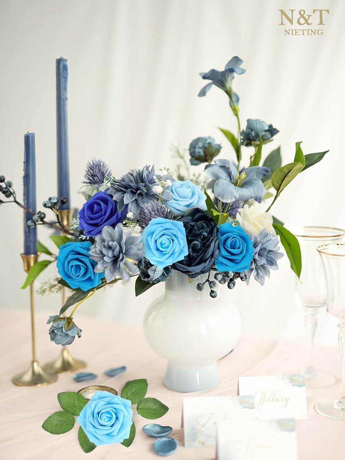 N&T NIETING Blue Roses Artificial Flowers, 50pcs Fake Flowers Rose Perfect for DIY Wedding Bridesmaid Bridal Bouquets Centerpieces Home Flower Arrangement Decoration, Series Blue