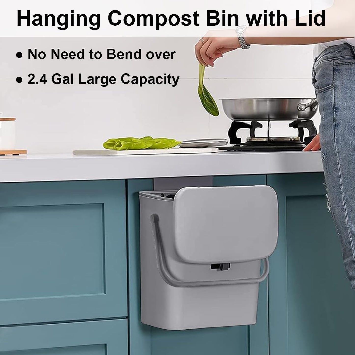 LALASTAR Kitchen Compost Bin for Countertop or Under Sink, Hanging Small Trash Can with Lid for RV/Office/Bedroom/Dorm, Mountable Indoor Compost Bucket, 9L/2.4 Gal, Grey