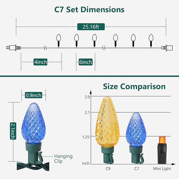 C7 LED Christmas String Lights, 25.16FT 50 LED Connectable Outdoor & Indoor Decorative Light Strand, Multicolor Xmas Holiday Lights for House, Christmas Tree, Patio, Party Decoration