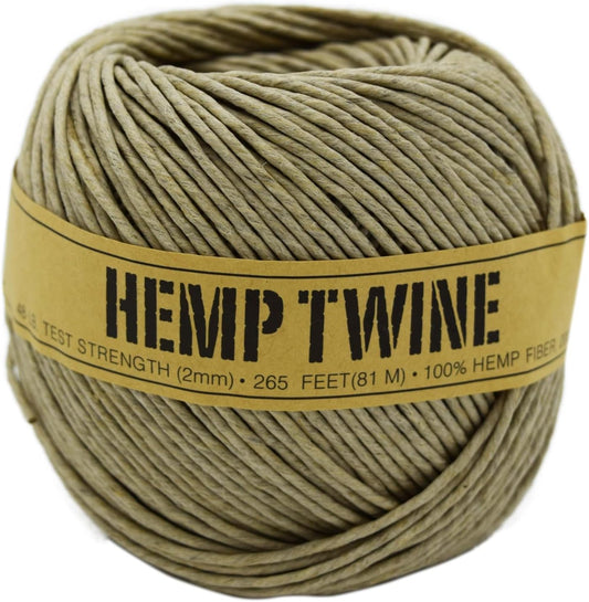 Hemp Twine for Gardening - Twine for Crafts - Organic Natural Hemp String for Jewelry Making - Strong Durable Cord for Decoration, Macrame + Cooking - 2MM 200G/265 Ft. - 48 lb. Test Strength - Natural
