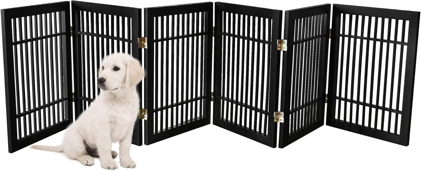 Pet Dog Gate Strong and Durable Freestanding Folding Acacia Hardwood Portable Wooden Fence Indoors or Outdoors by Urnporium (Black Pet Gate, 6 Panel 24" Tall)