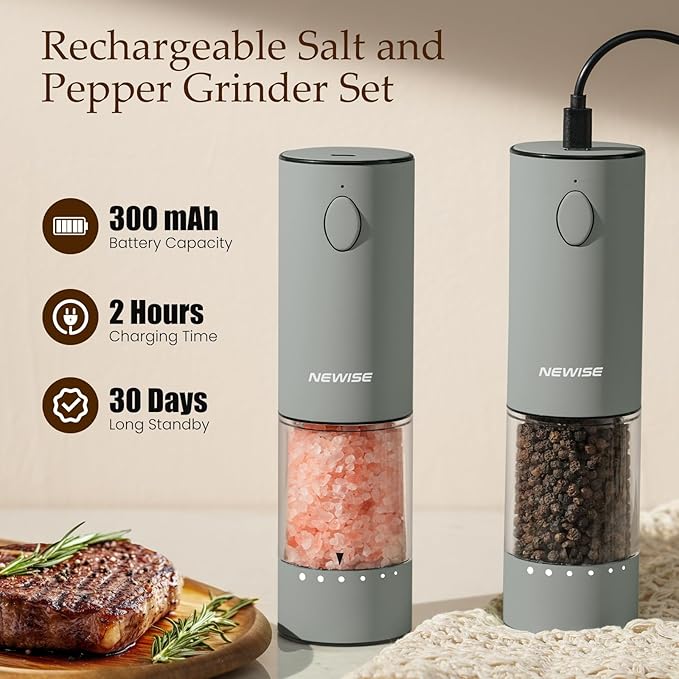 Electric Salt and Pepper Grinder Set Rechargeable with LED Lights, Automatic Pepper & Salt Mill, Adjustable Coarseness, Large Capacity, Grey
