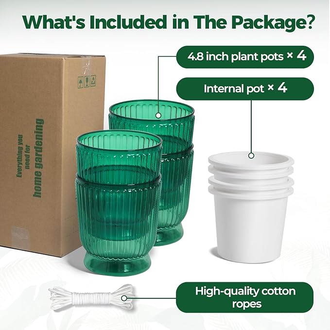 T4U 4.8 Inch Self Watering Plant Pot, 4 Pack Self Watering Pots, Self Watering Planter with Reservoir, Small Self Watering Pots for Indoor Plants, African Violets (4 Pack, 4.8", Translucent Green)