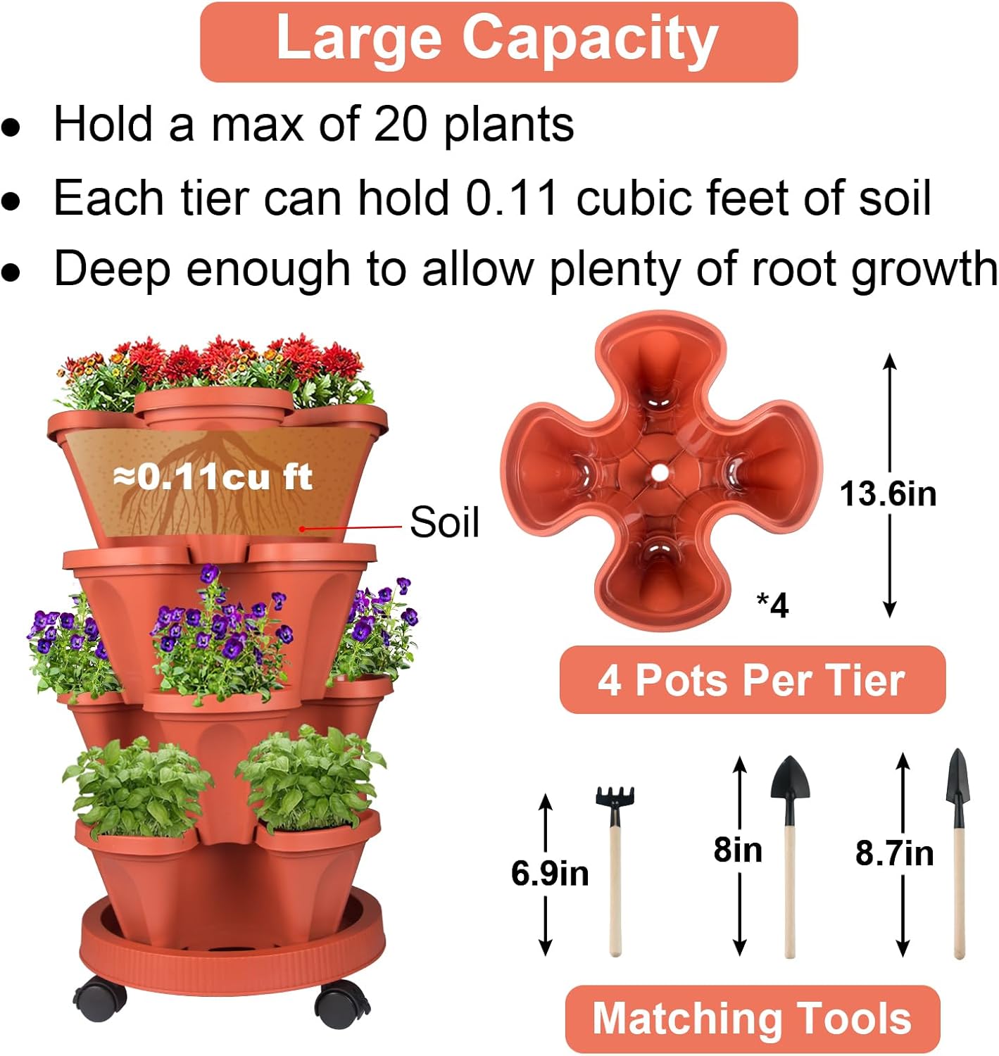 Vertical Planter 4 Tier Stackable Planters Garden Planters Strawberry Herb Flower and Vegetable Planter Indoor Outdoor Gardening Pots with Removable Wheels and Tools