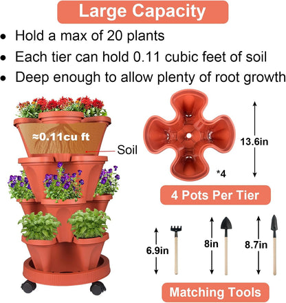 Vertical Planter 4 Tier Stackable Planters Garden Planters Strawberry Herb Flower and Vegetable Planter Indoor Outdoor Gardening Pots with Removable Wheels and Tools