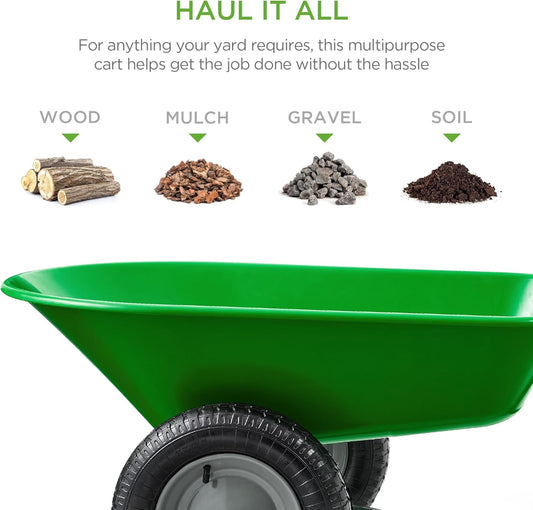 Best Choice Products Dual-Wheel Home Utility Yard Wheelbarrow Garden Cart w/Built-in Stand for Lawn, Gardening, Construction - Bright Green