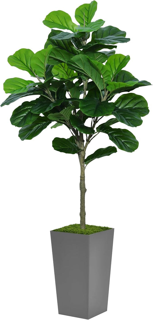 Fiddle Leaf Fig Tree Artificial 5FT - Faux Fiddle Leaf Fig Tree with Gray Tall Planter - Fake Ficus Lyrata Floor Plant Potted - Artificial Fig Tree for Home Office Living Room Decor Indoor