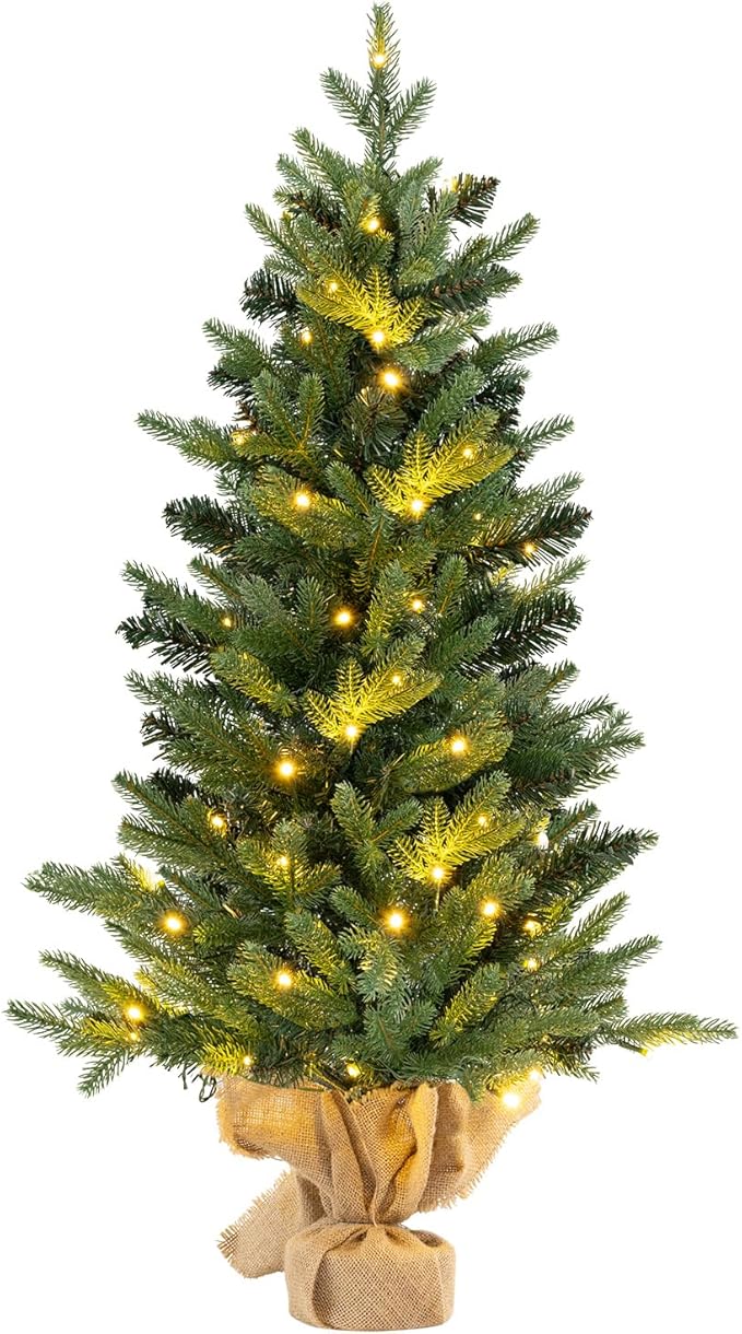 GOFLAME 3FT Pre-Lit Artificial Mini Christmas Tree, Small Tabletop Xmas Fir Tree with 363 Branch Tips, 50 Warm White LED Lights, Timer, Holiday Decoration Tree with Burlap Base